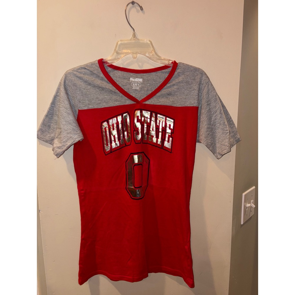 Ohio State Buckeyes ProEdge Red Gray Colorblock Metallic Jersey Tee XL 15